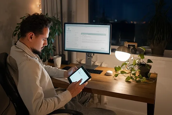Man looking down at tablet with desk to his left