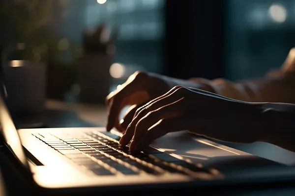 Sideview of person typing on laptop
