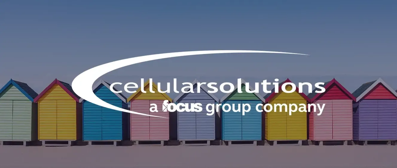 Cellular Solutions logo over colourful beach huts in a line