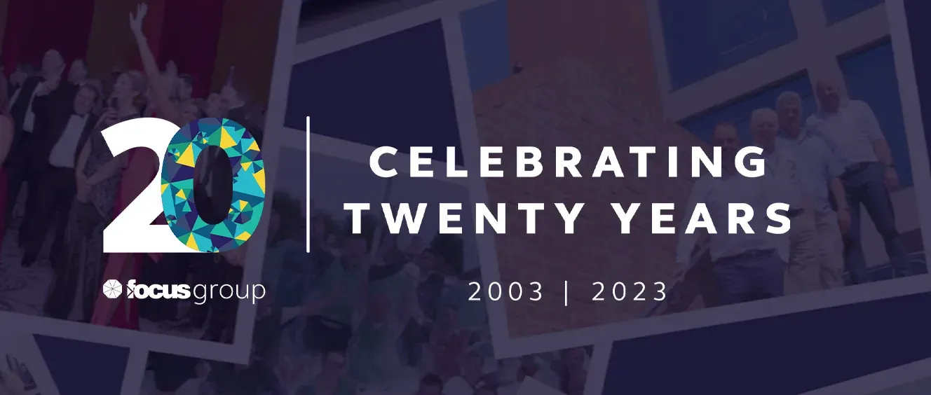 Celebrating twenty years text overlayed on collage of photos