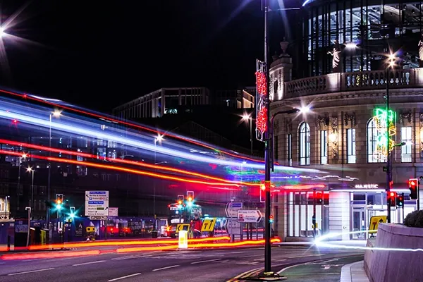 Long exposure shot of traffic in city centre at night