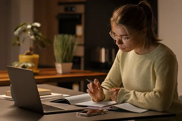 Woman with glasses looking down at notes